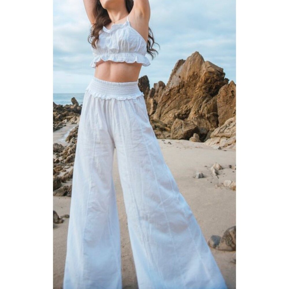 Blanco By Nature White Cotton Wide Leg Pants Large Smocked High Waist Resort NEW - Picture 1 of 11